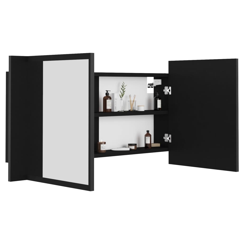 vidaXL Шкаф с LED огледало за баня, черно, 90x12x45 см, акрил
