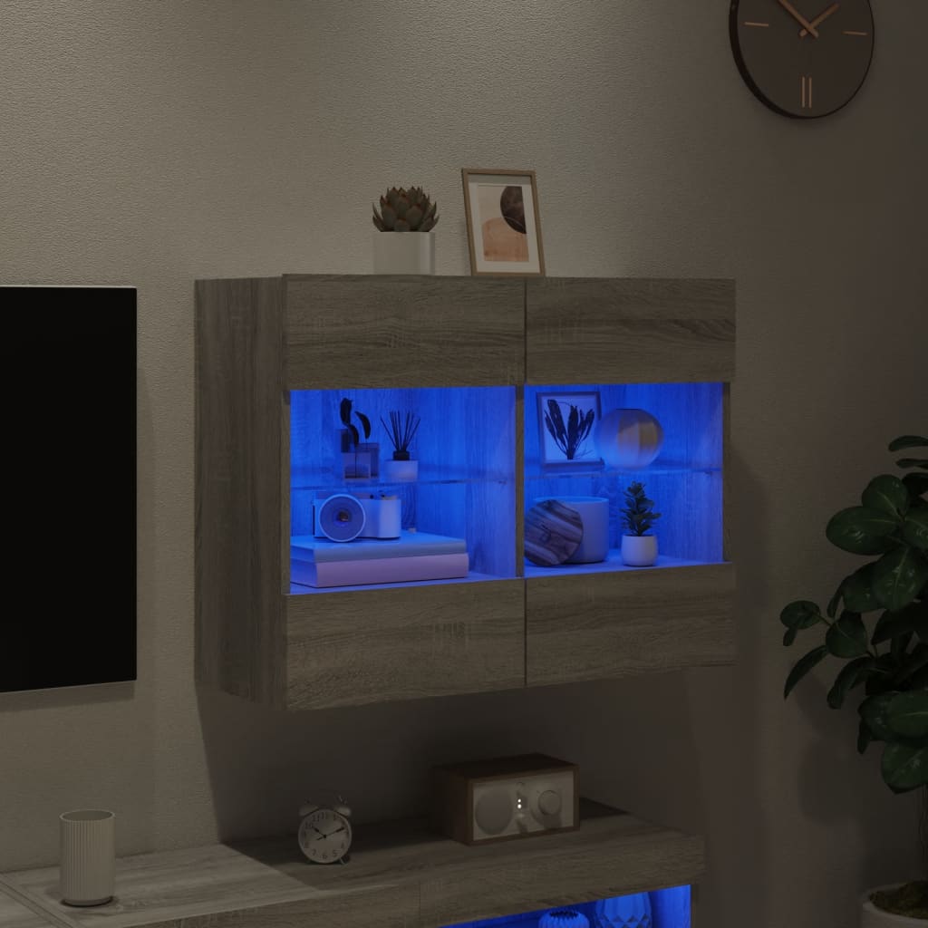 vidaXL Стенен ТВ шкаф с LED осветление, сив сонома, 78,5x30x60,5 см