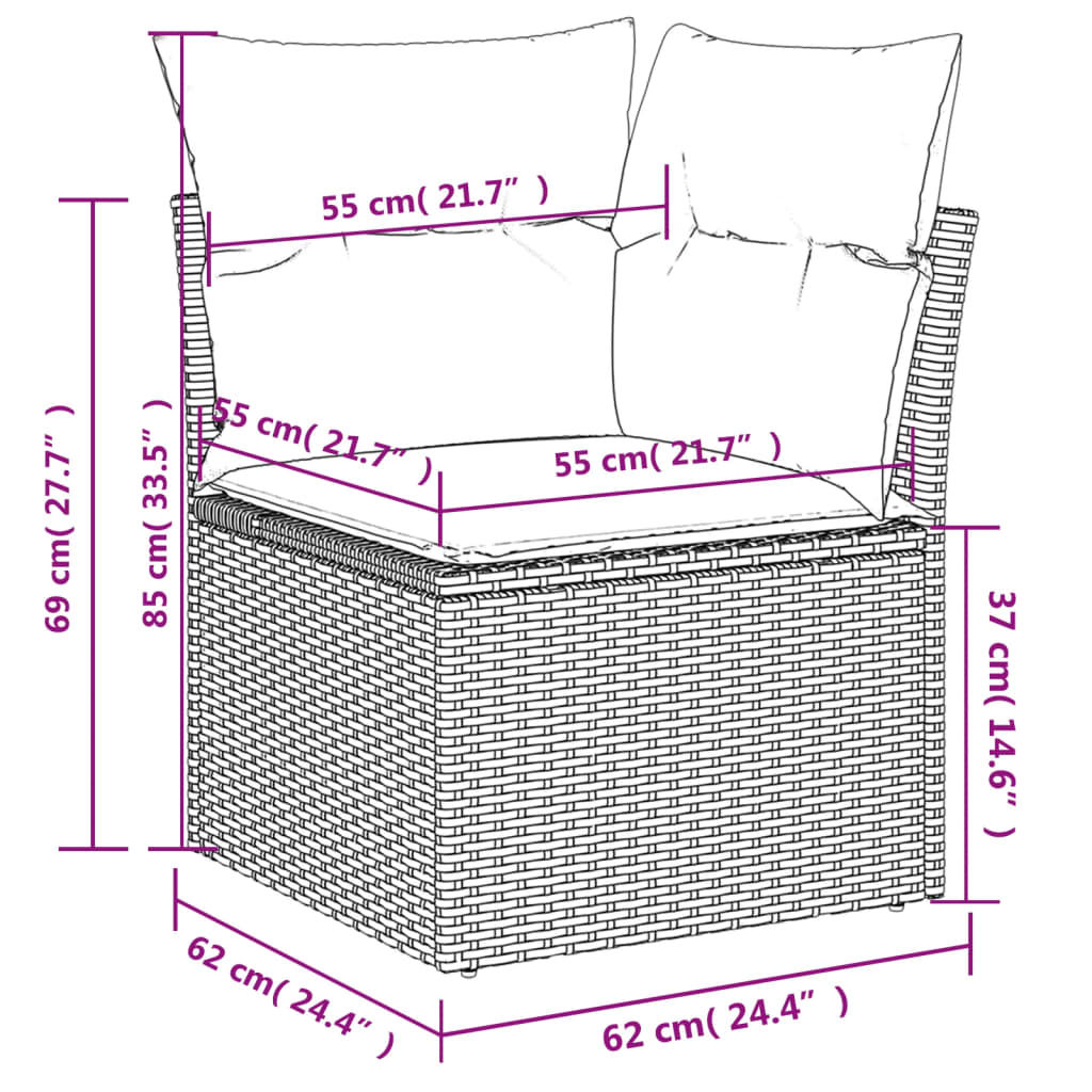 vidaXL Градински диван с възглавници, 13 части, черен, полиратан