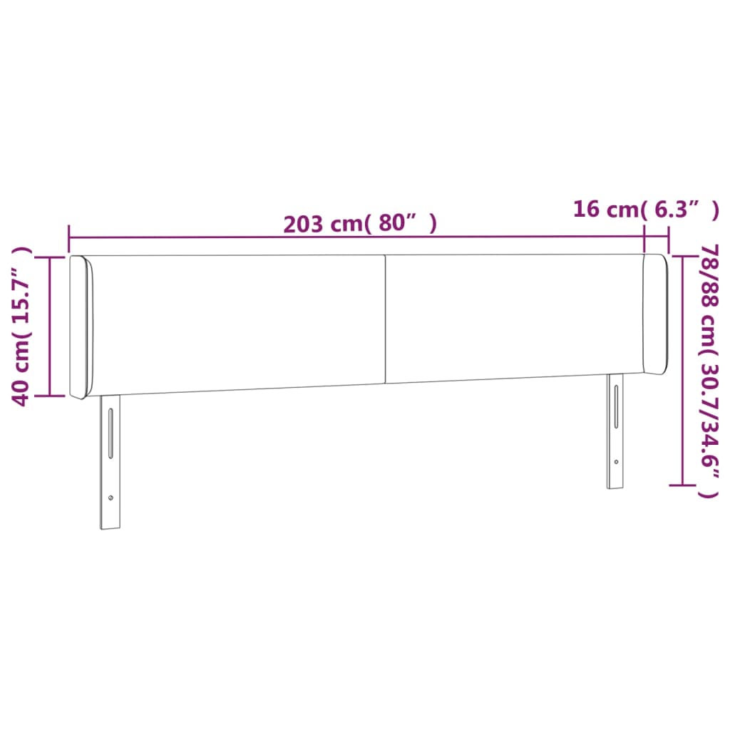 vidaXL LED горна табла за легло, розова, 203x16x78/88 см, кадифе