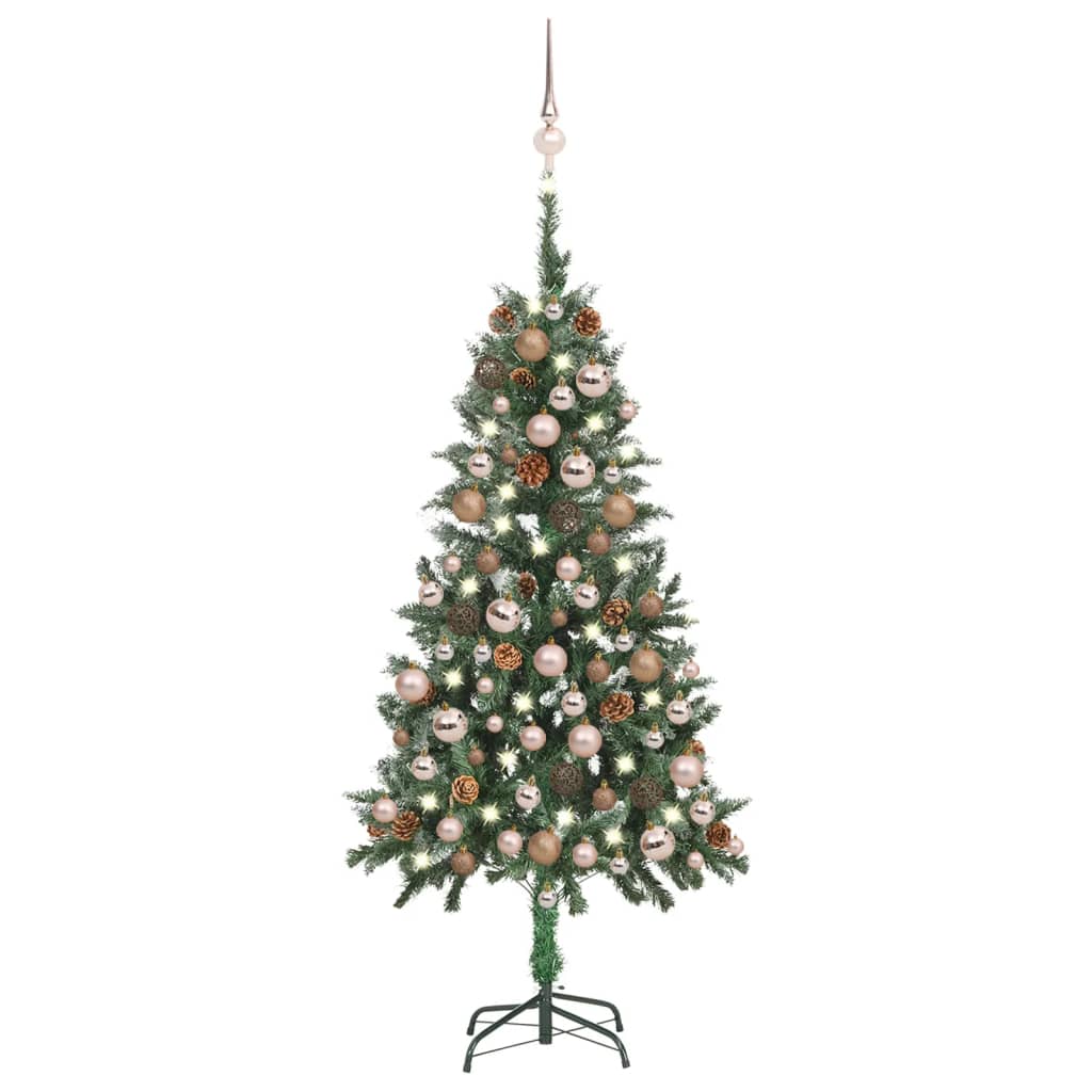 vidaXL Изкуствена осветена коледна елха с топки и шишарки 150 см