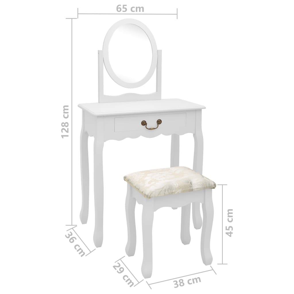 vidaXL Тоалетка с табуретка, бяла, 65x36x128 см, пауловния, МДФ