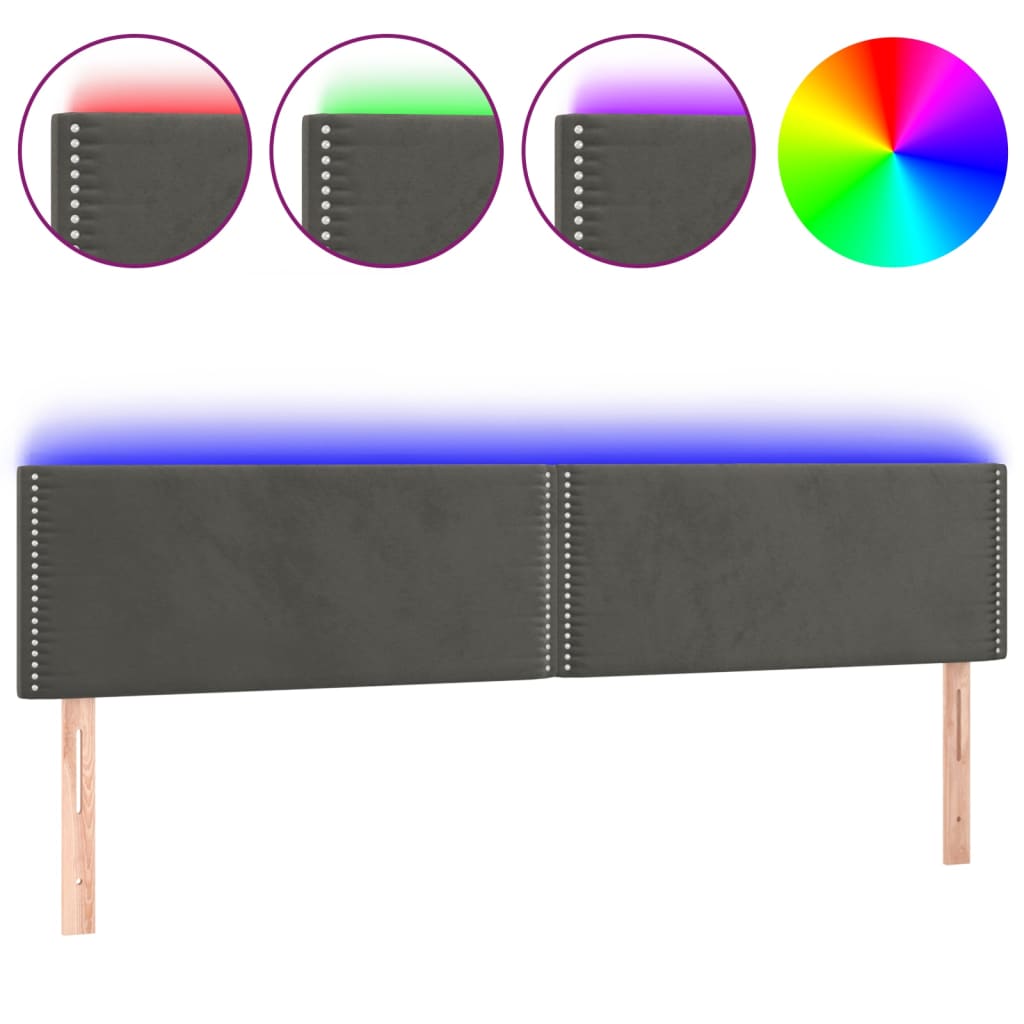 vidaXL LED горна табла за легло, тъмносива, 180x5x78/88 см, кадифе