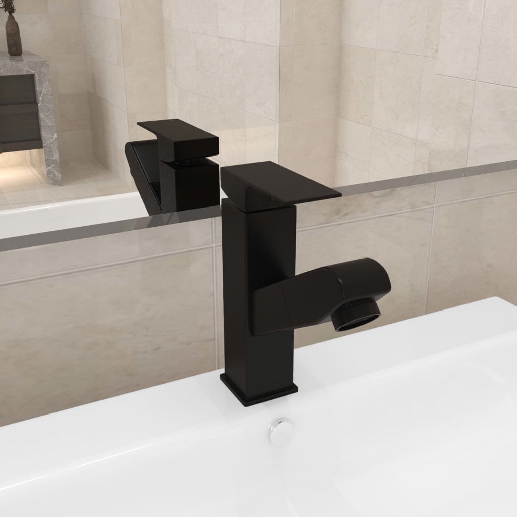 vidaXL Смесител за баня с функция за издърпване, черен, 157x172 мм