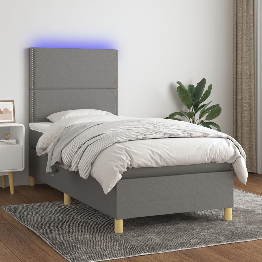 vidaXL Боксспринг легло с матрак и LED, тъмносива, 90x200 см, плат