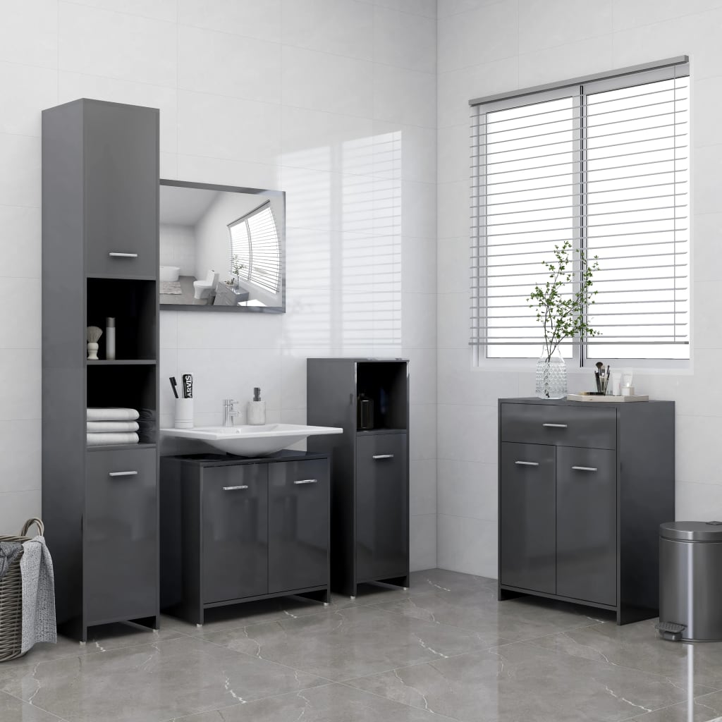 vidaXL Шкаф за баня, сив гланц, 60x33x80 см, ПДЧ
