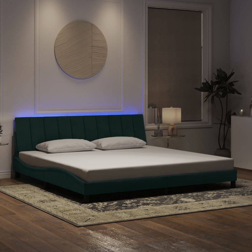 vidaXL Рамка за легло с LED осветление тъмнозелена 200x200 см кадифе