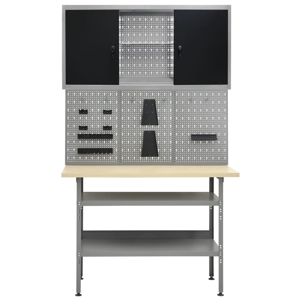 vidaXL Работна маса с три стенни панела и един шкаф