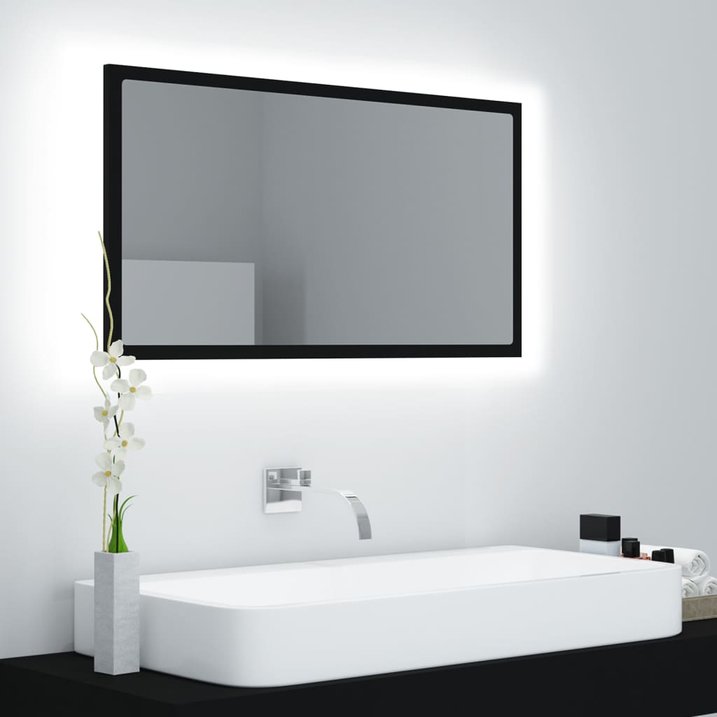 vidaXL LED огледало за баня, черно, 80x8,5x37 см, акрил