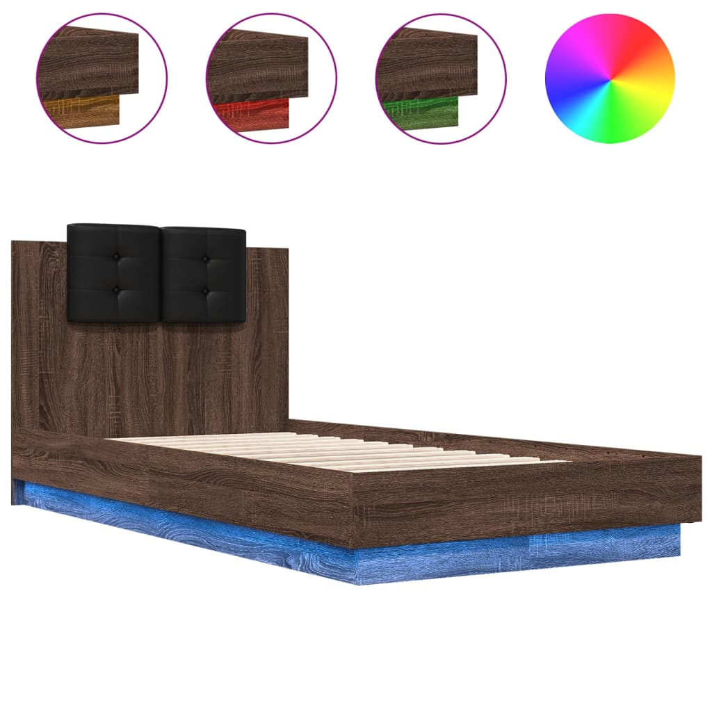 vidaXL Рамка за легло с табла и LED осветление, кафяв дъб, 75x190 см