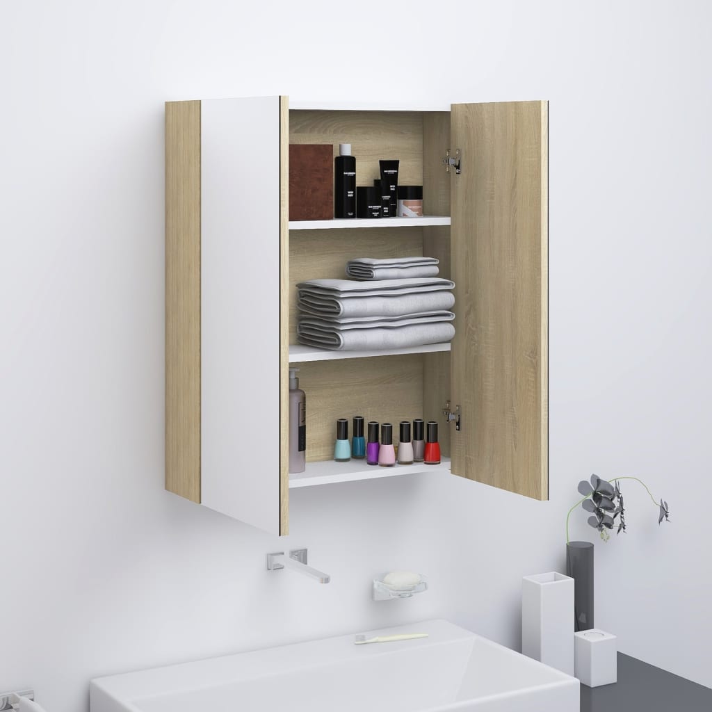 vidaXL Шкаф с огледало за баня, 60x15x75 см, МДФ, бяло и дъб