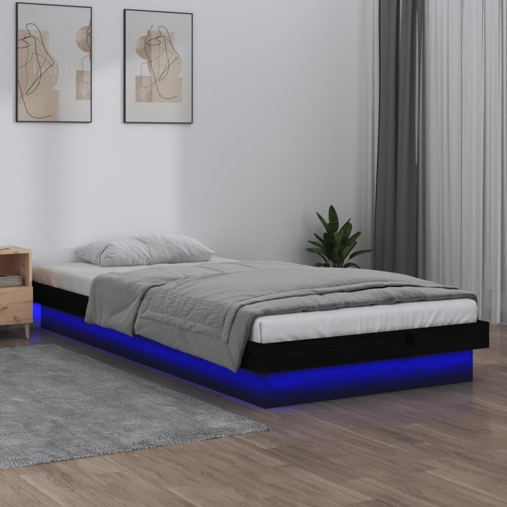 vidaXL Рамка за легло с LED осветление черна 100x200 см масивно дърво