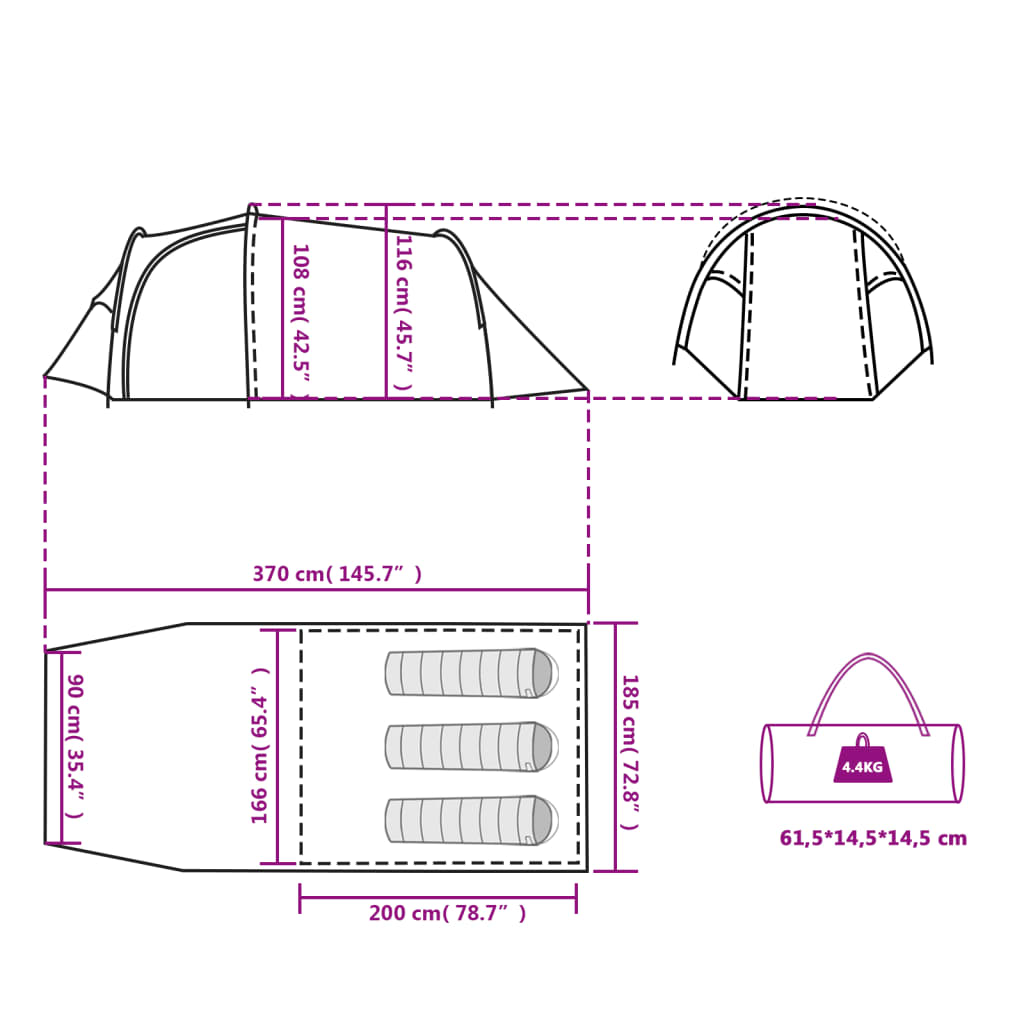 vidaXL Къмпинг палатка тунелна, за 3 души, синя, водоустойчива