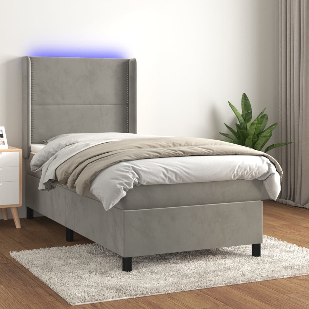 vidaXL Боксспринг легло с матрак и LED, светлосиво, 100x200 см, кадифе
