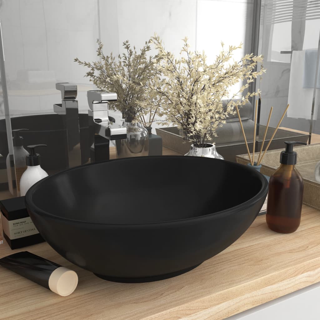 vidaXL Луксозна овална мивка, матово черна, 40x33 см, керамика