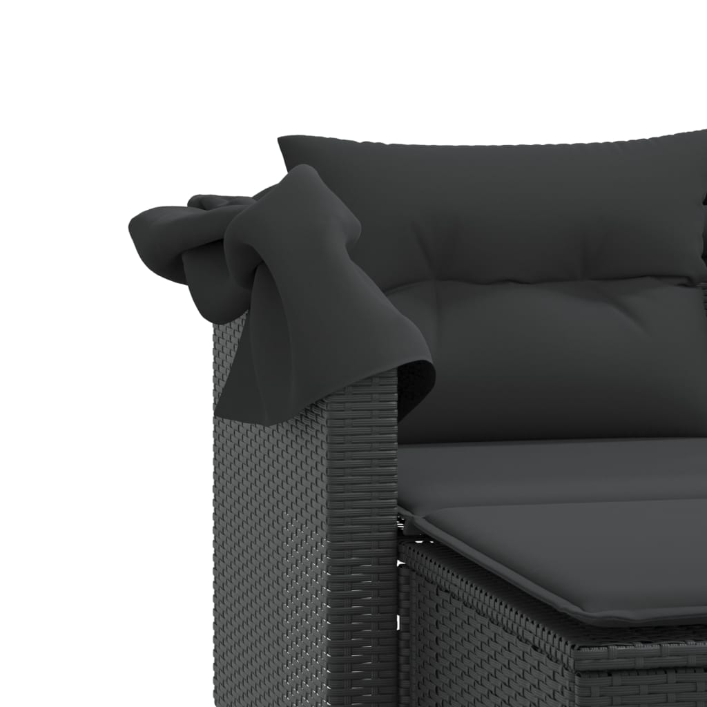vidaXL 2-местен градински диван със сенник и табуретки черен полиратан