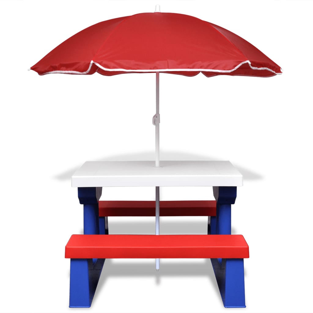 vidaXL Детска пикник маса с пейки и чадър, многоцветна