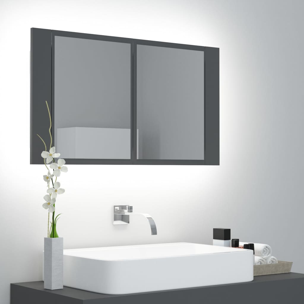 vidaXL Шкаф с LED огледало за баня, сиво, 80x12x45 см, акрил