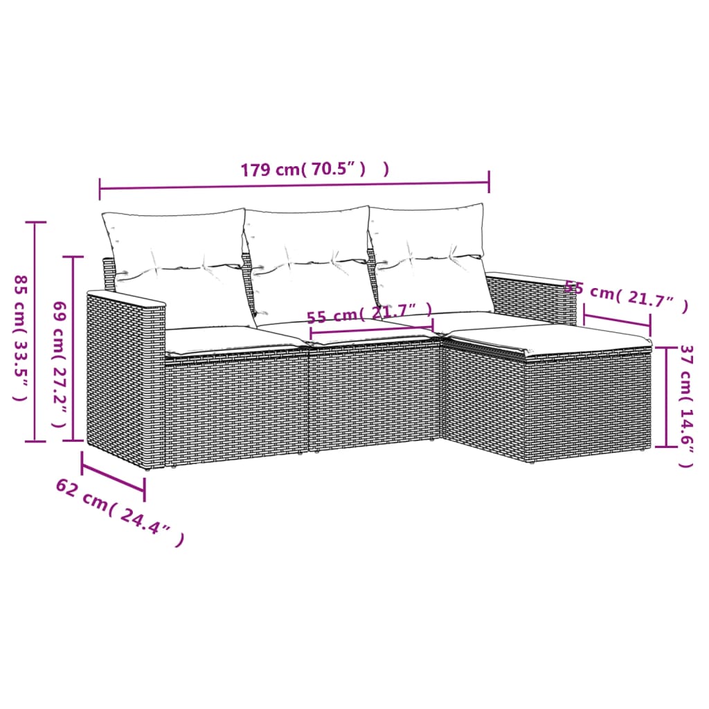 vidaXL Градински диван с възглавници 4 части бежов микс полиратан