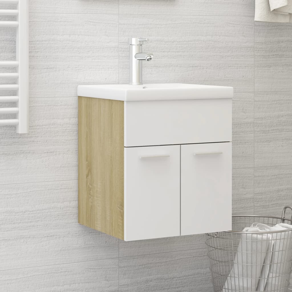 vidaXL Долен шкаф за мивка, бяло и дъб сонома, 41x38,5x46 см, ПДЧ