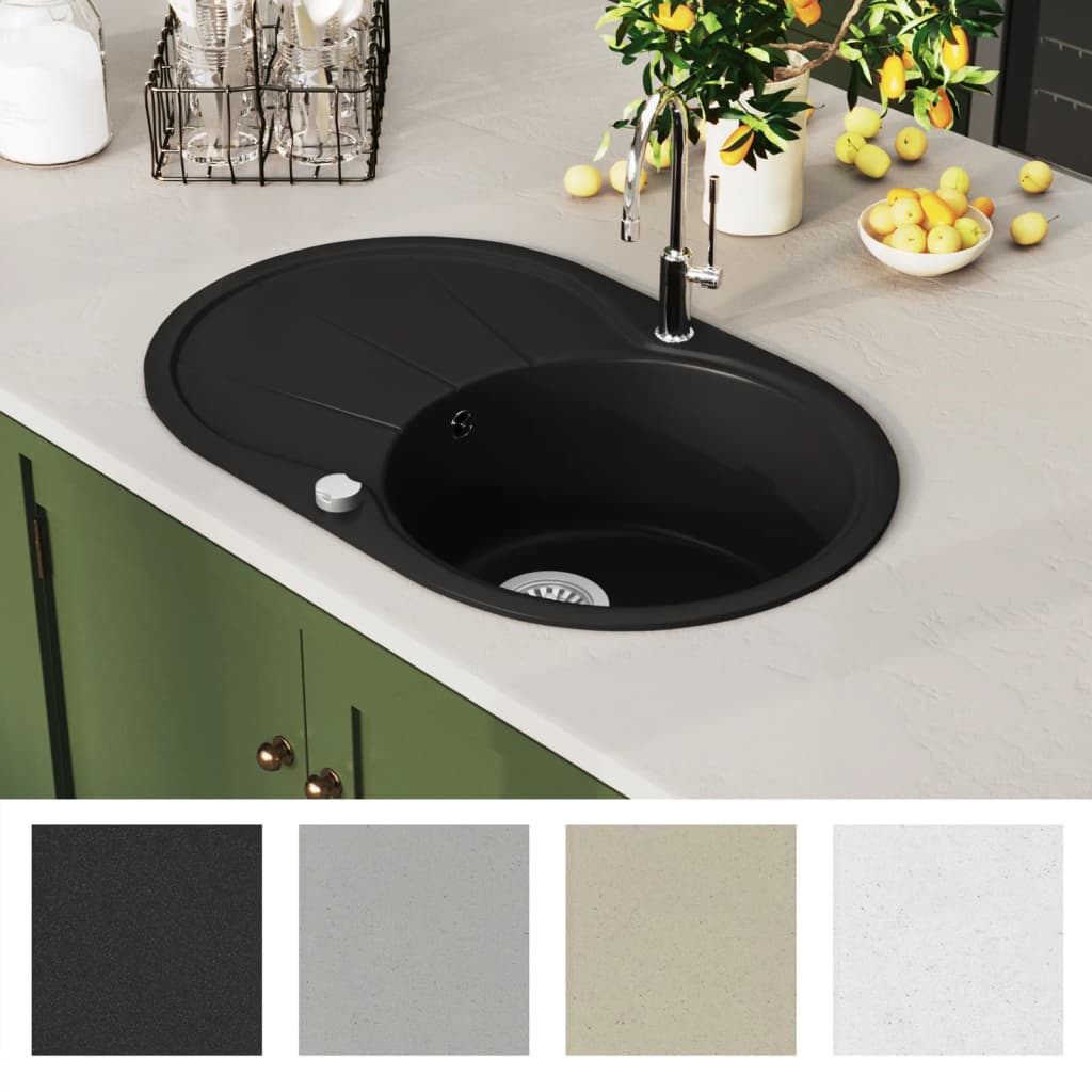 vidaXL Гранитна кухненска мивка с едно корито, овална, черна