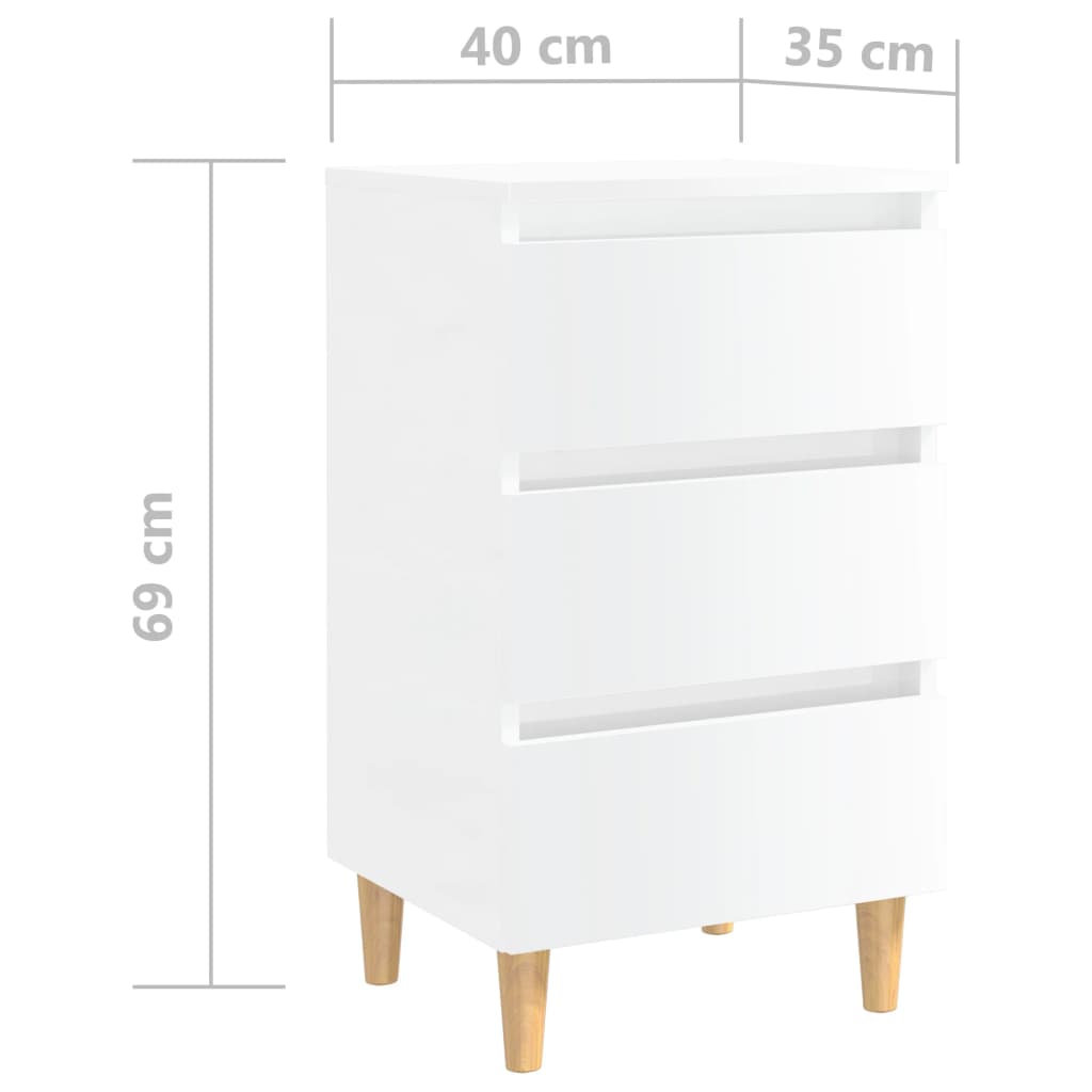 vidaXL Нощно шкафче с крака от дърво масив, бял гланц, 40x35x69 см
