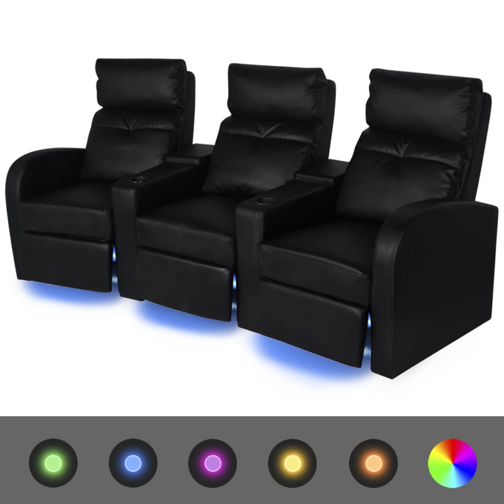 vidaXL LED диван реклайнер, 3-местен, изкуствена кожа, черен