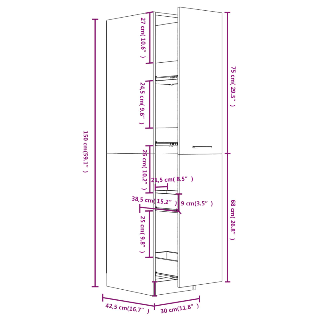 vidaXL Аптекарски шкаф, опушен дъб, 30x42,5x150 см, инженерно дърво