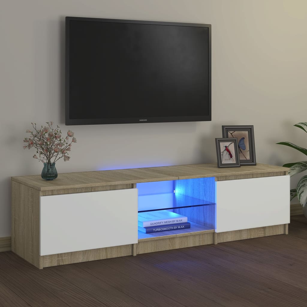 vidaXL ТВ шкаф с LED осветление, бяло и дъб сонома, 140x40x35,5 см