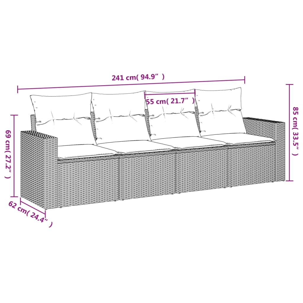 vidaXL Градински диван с възглавници, 4 части, бежов полиратан