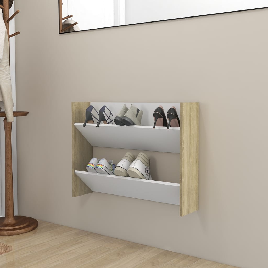 vidaXL Стенен шкаф за обувки, бяло и дъб сонома, 80x18x60 см, ПДЧ