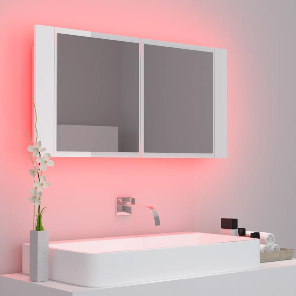 vidaXL Шкаф с LED огледало за баня, бял гланц, 90x12x45 см, акрил