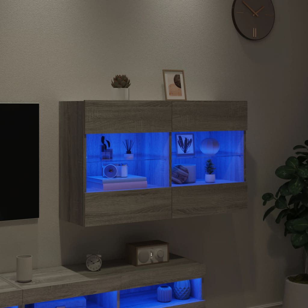 vidaXL Стенен ТВ шкаф с LED осветление, сив сонома, 98,5x30x60,5 см