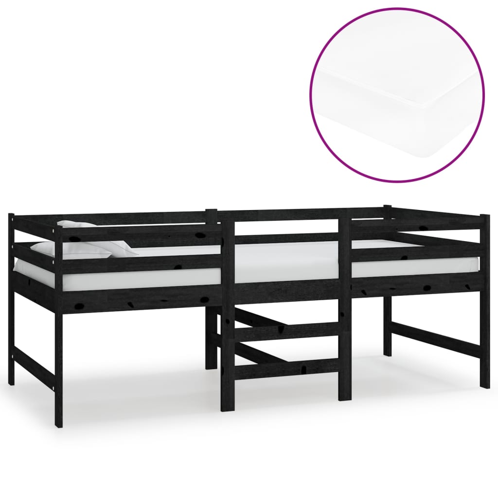 vidaXL Средновисоко легло с матрак, 90x200 см, черно, бор масив