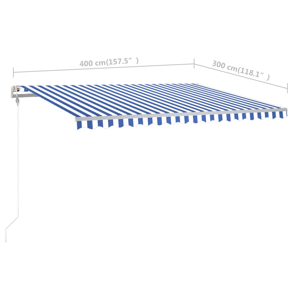 vidaXL Ръчно прибиращ се сенник с прътове, 4x3 м, синьо и бяло