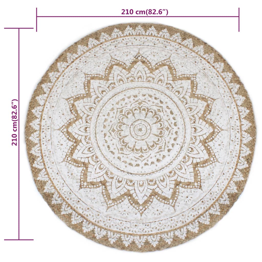 vidaXL Плетен килим юта с принт 210 см кръгъл