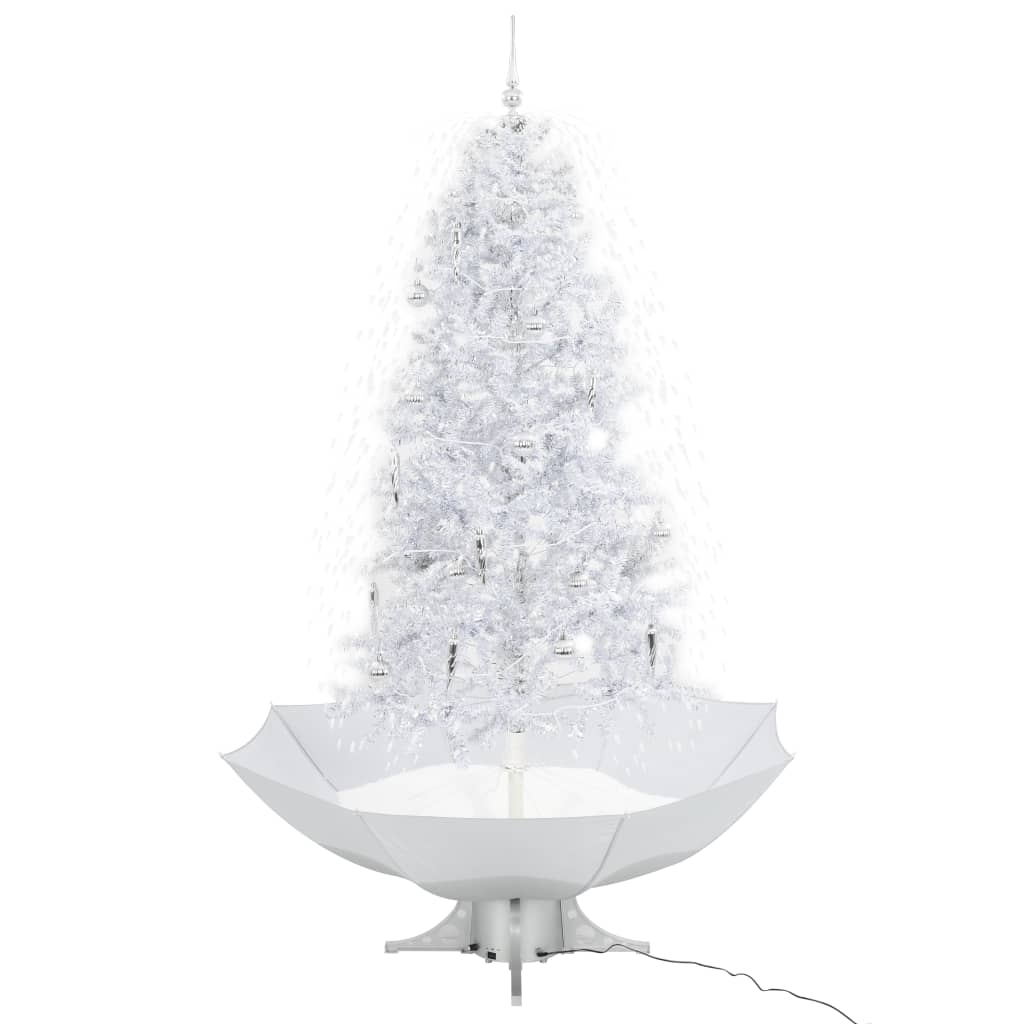 vidaXL Коледна елха с валящ сняг и основа от чадър, бяла, 190 см