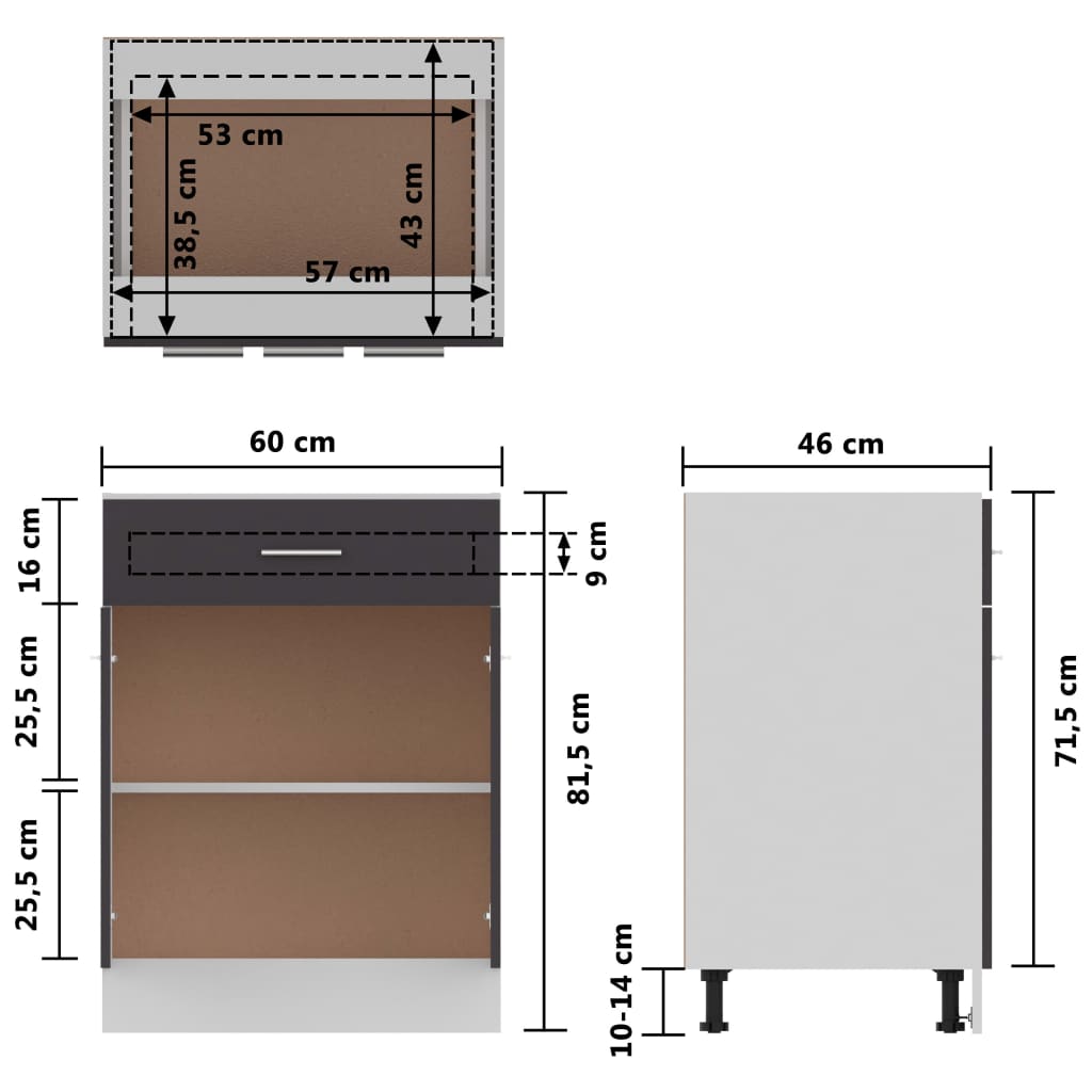 vidaXL Долен шкаф с чекмедже, сив гланц, 60x46x81,5 см, ПДЧ