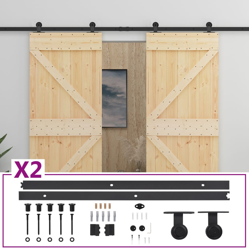vidaXL Плъзгаща врата с монтажни части, 90x210 см, борово дърво масив