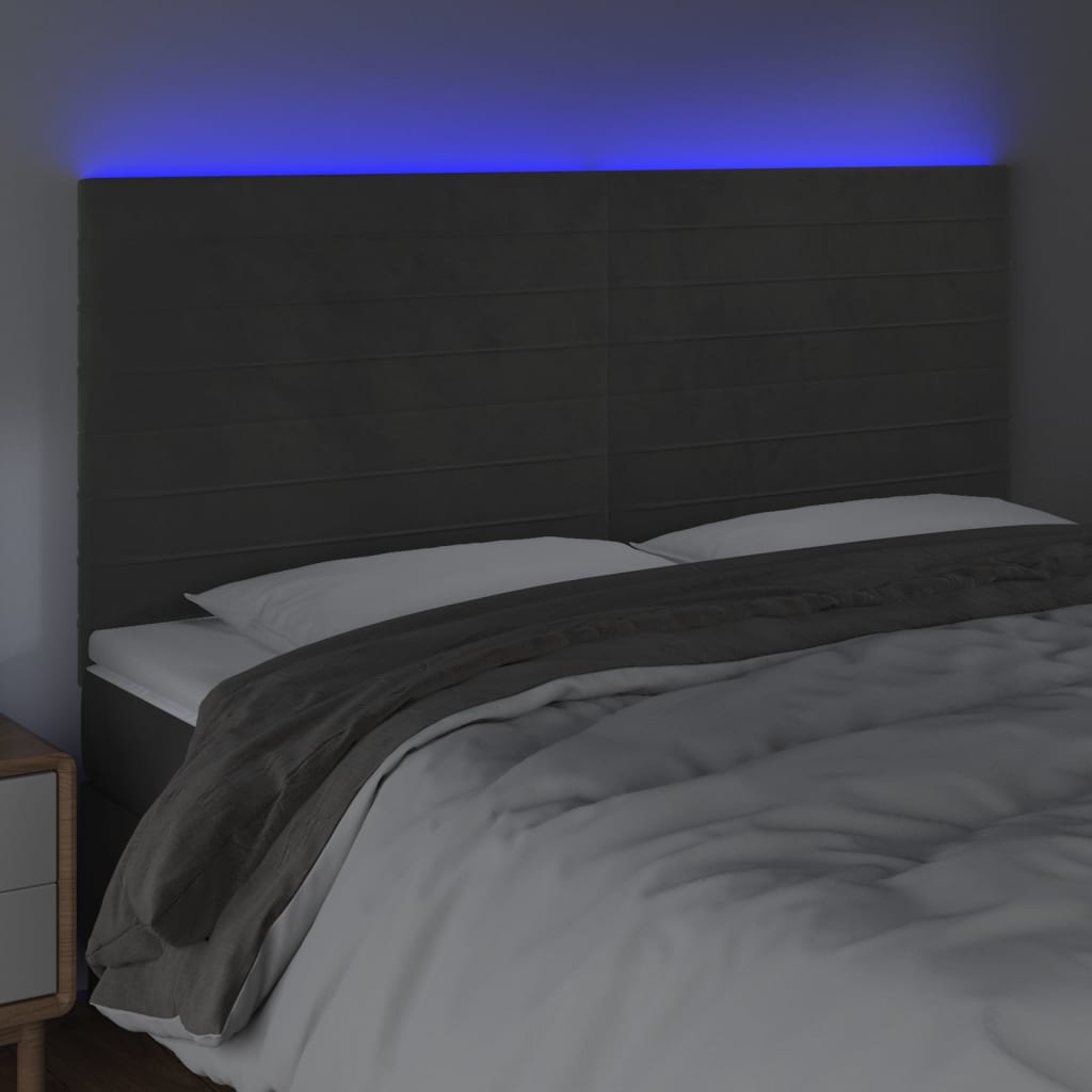 vidaXL LED горна табла за легло, тъмносива, 160x5x118/128 см, кадифе