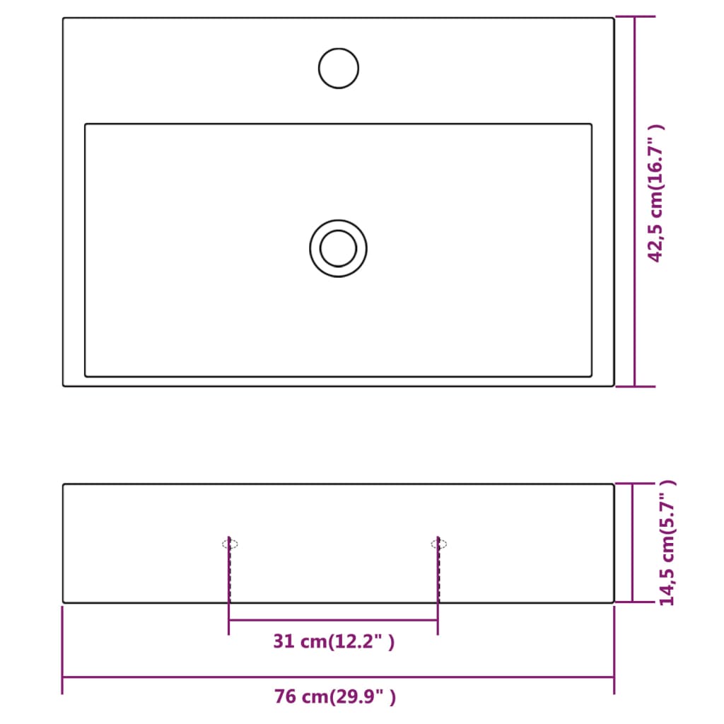 vidaXL Мивка с отвор за смесител, керамична, бяла 76x42,5x14,5 см