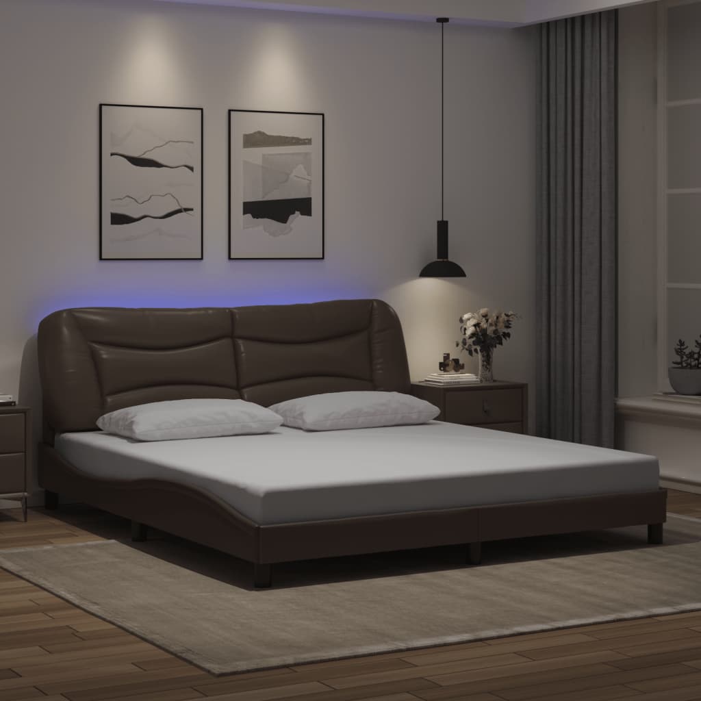 vidaXL Рамка за легло с LED осветление, кафява, 180x200 см, еко кожа