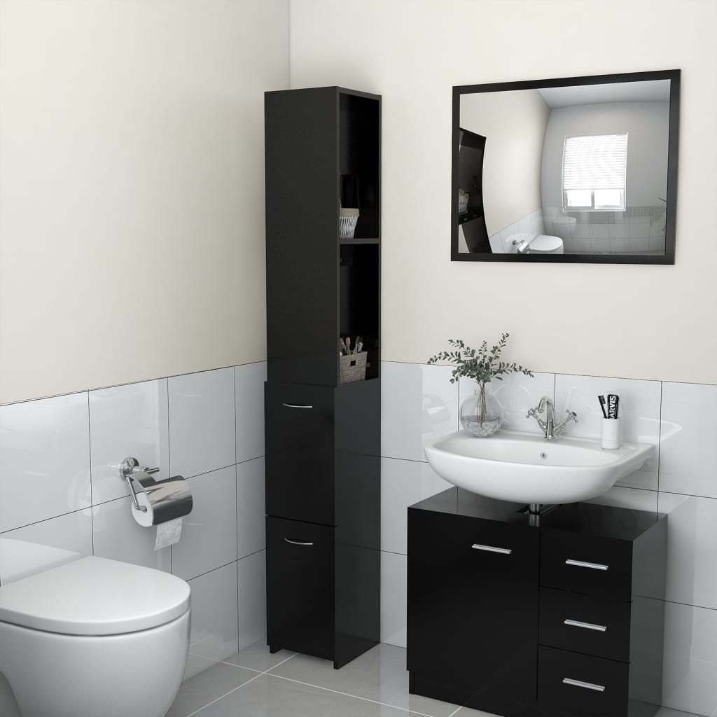 vidaXL Шкаф за баня, черен, 25x26,5x170 см, инженерно дърво