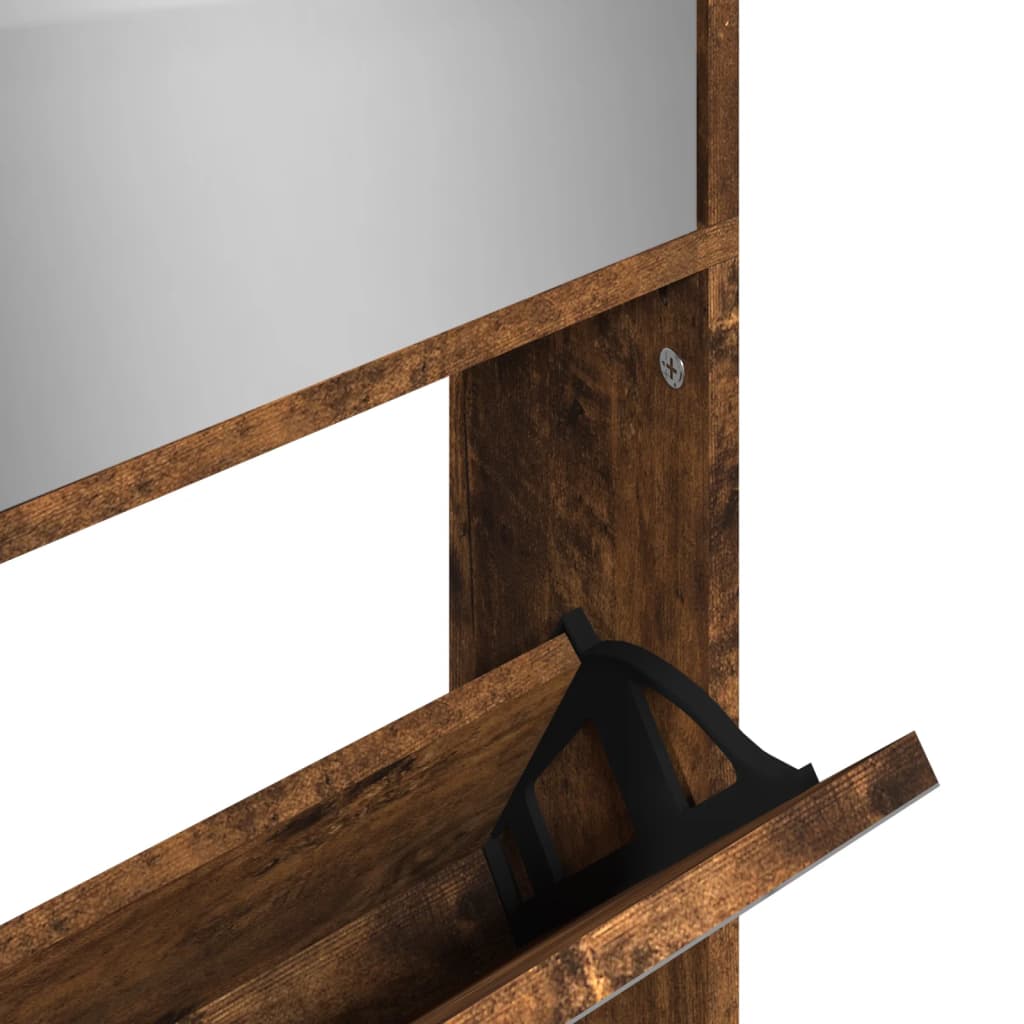 vidaXL Шкаф за обувки с огледало, 4 нива, опушен дъб, 63x17x134 см