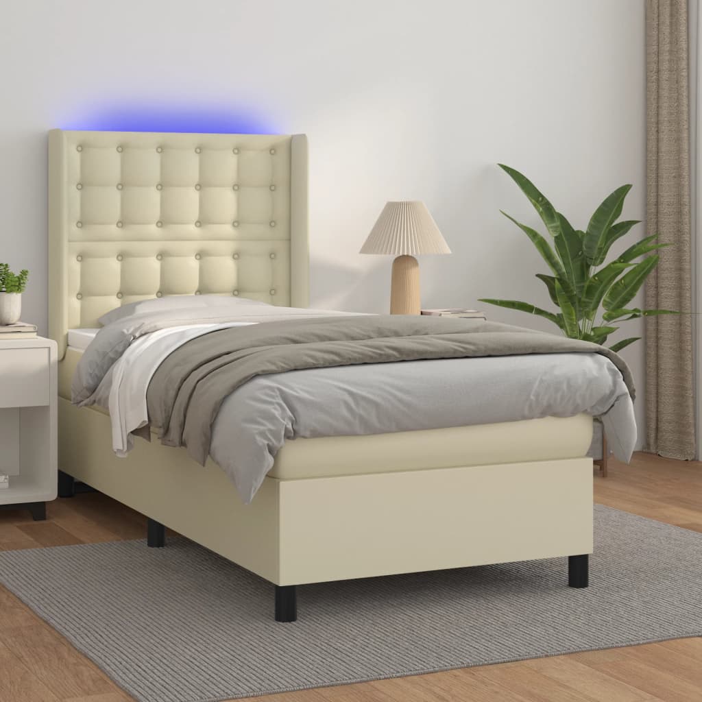 vidaXL Боксспринг легло с матрак LED кремаво 100x200см изкуствена кожа