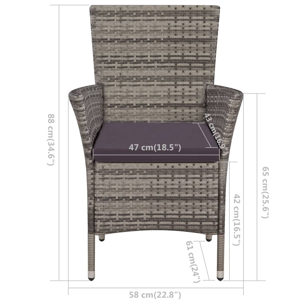 vidaXL Градински столове с възглавници, 2 бр, полиратан, сиви