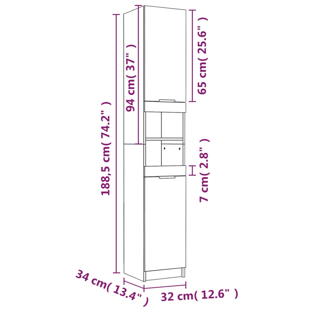 vidaXL Шкаф за баня, опушен дъб, 32x34x188,5 см, инженерно дърво