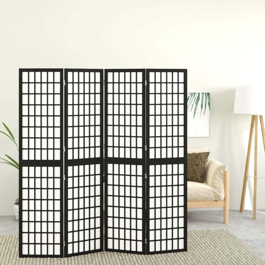 vidaXL Параван за стая, 4 панела, японски стил, 160х170 cм, черен