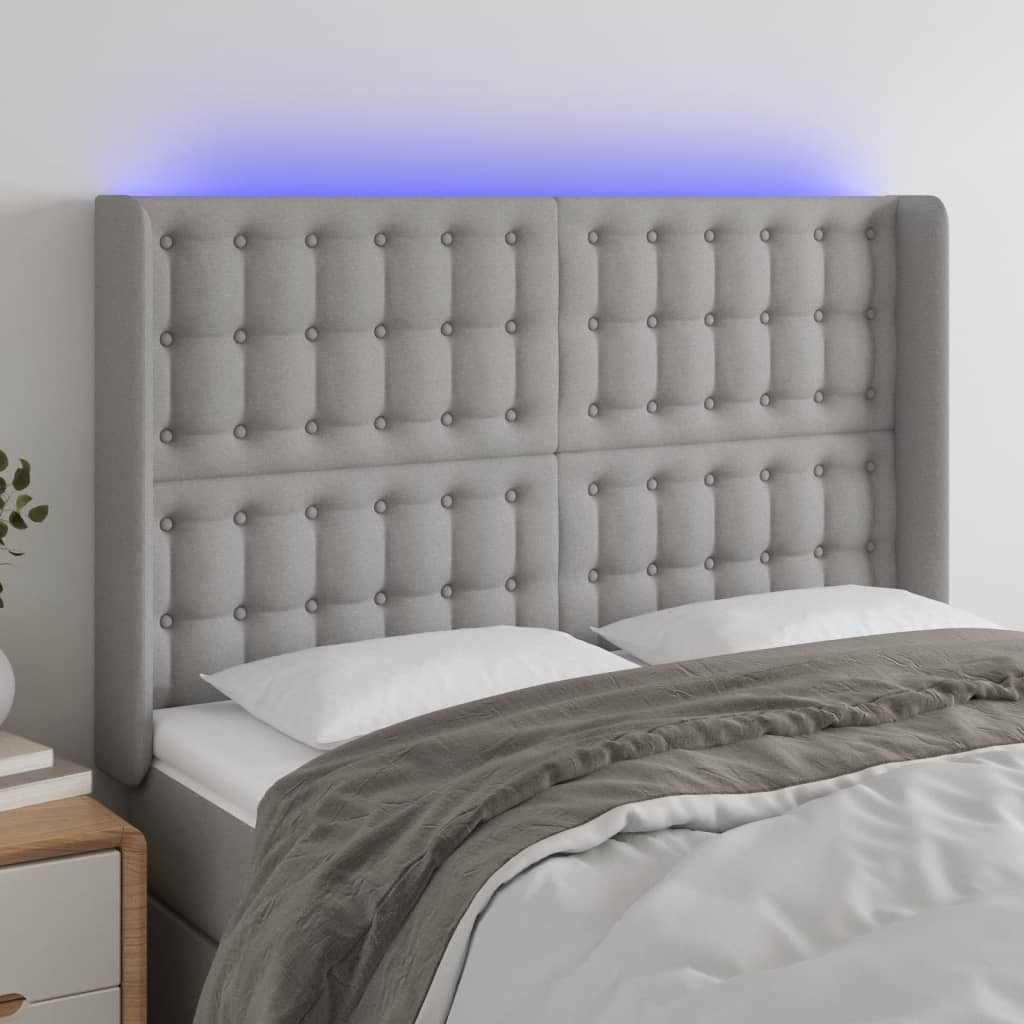 vidaXL LED горна табла за легло, светлосива, 147x16x118/128 см, плат