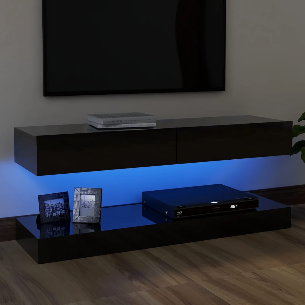 vidaXL ТВ шкаф с LED осветление, черен гланц, 120x35 см